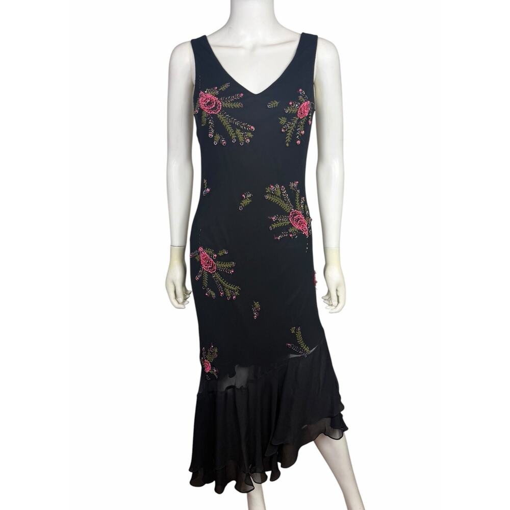 Vtg Y2K Dolce Jovani Women's 4 Black Silk Floral Fairy Whimsy Beaded Dress EUC